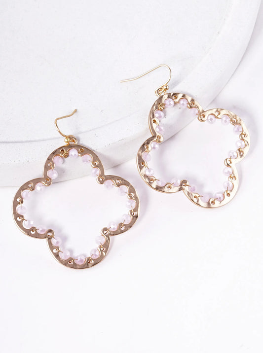 Glass Beads Wire Wrapped Hammered Quatrefoil Dangle Earrings