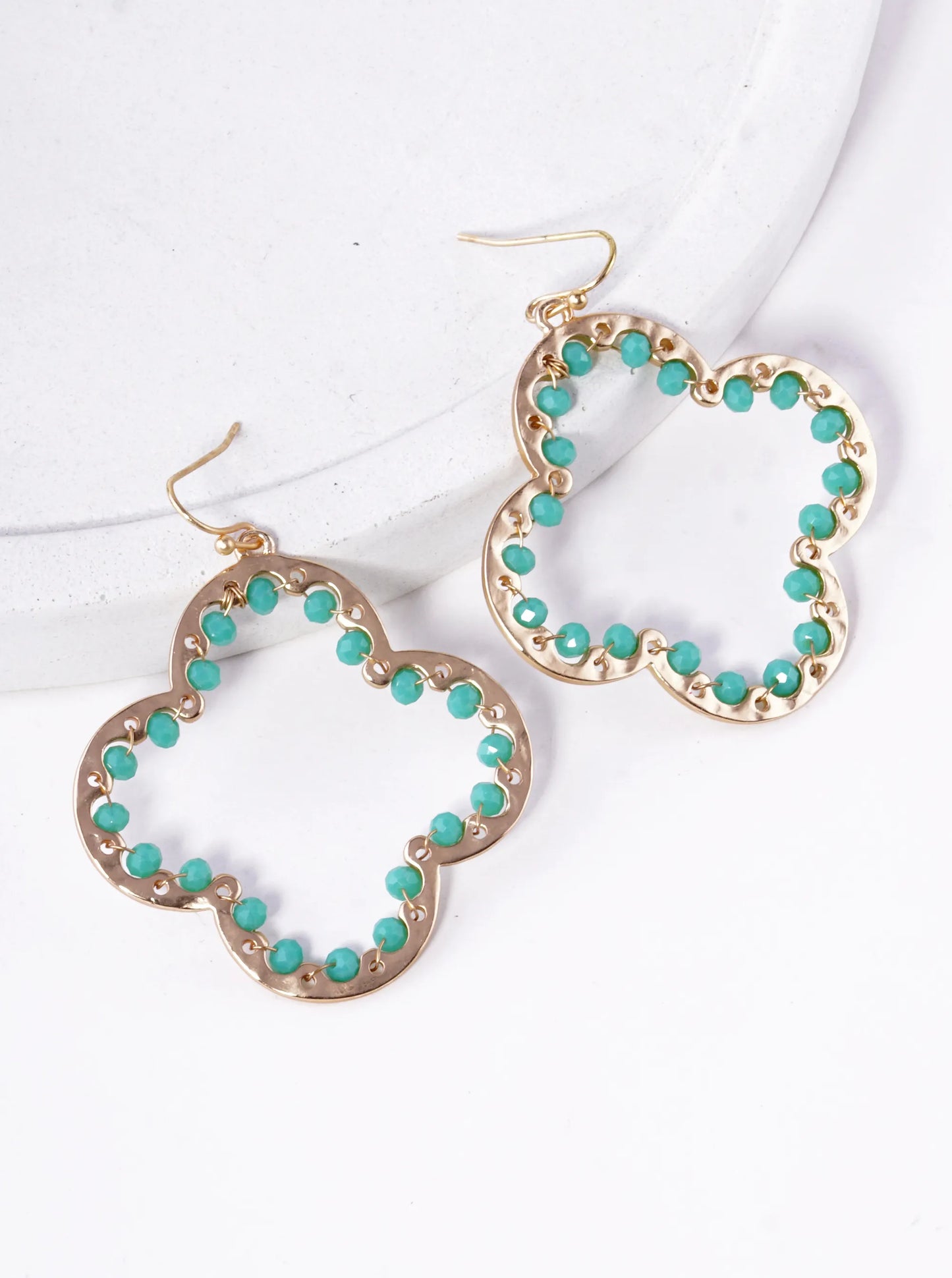 Glass Beads Wire Wrapped Hammered Quatrefoil Dangle Earrings
