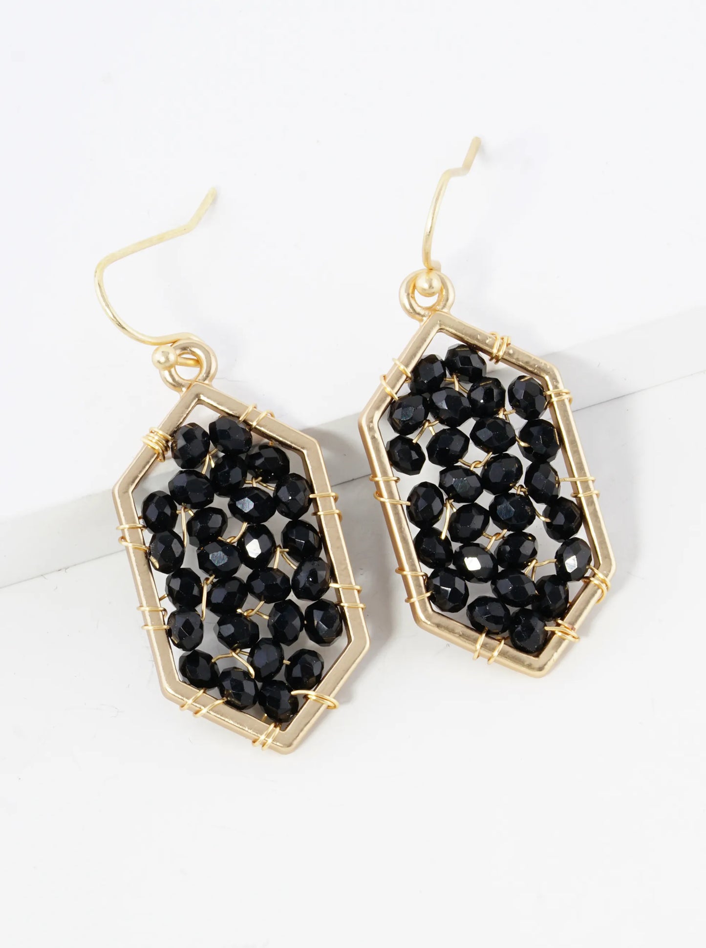 Glass Beads Wire Wrapped Hexagon Dangle Drop Earrings
