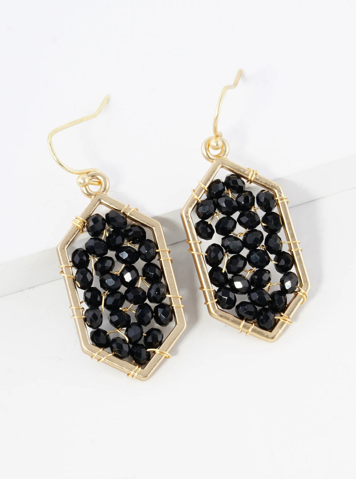 Glass Beads Wire Wrapped Hexagon Dangle Drop Earrings