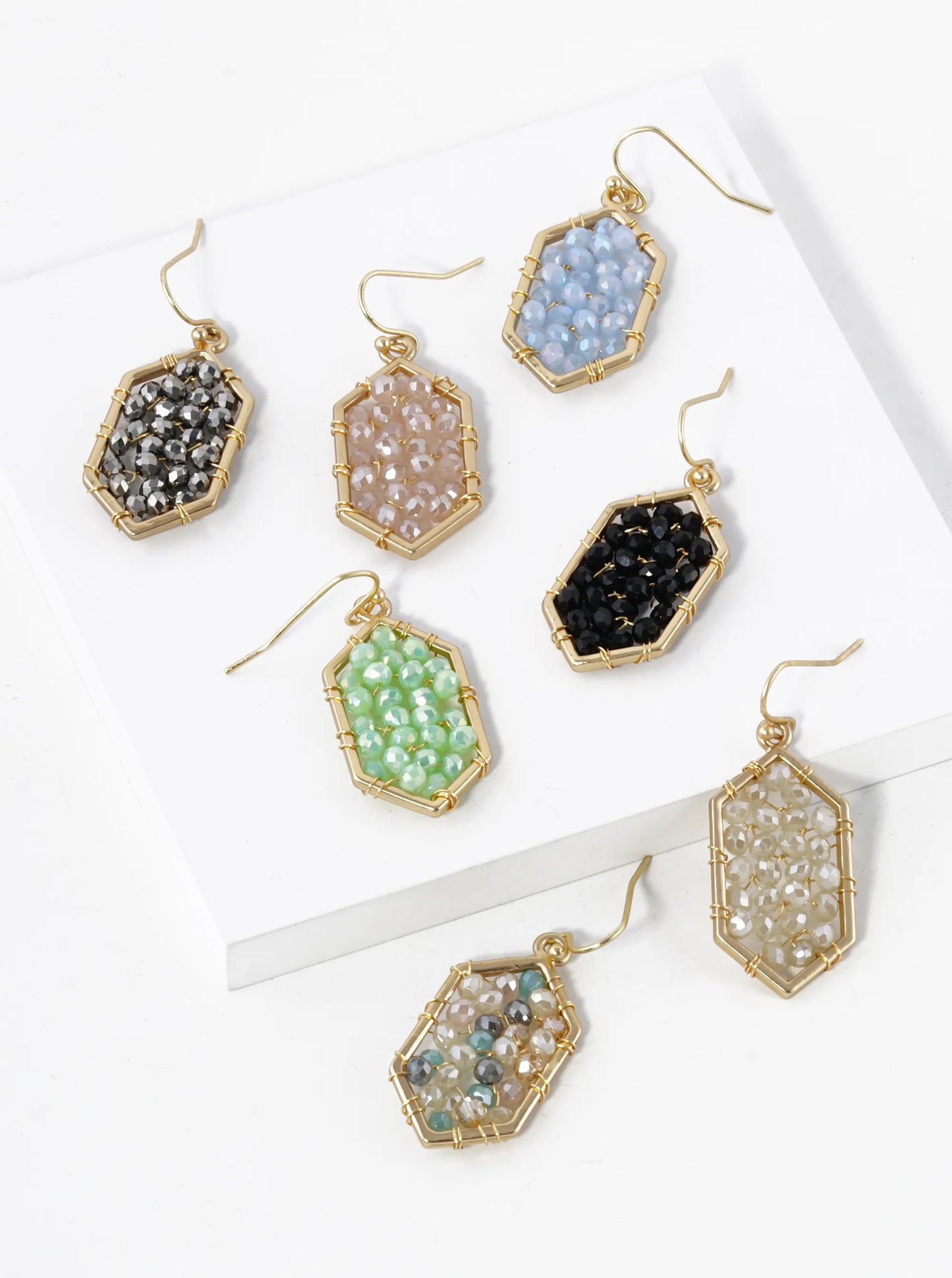 Glass Beads Wire Wrapped Hexagon Dangle Drop Earrings