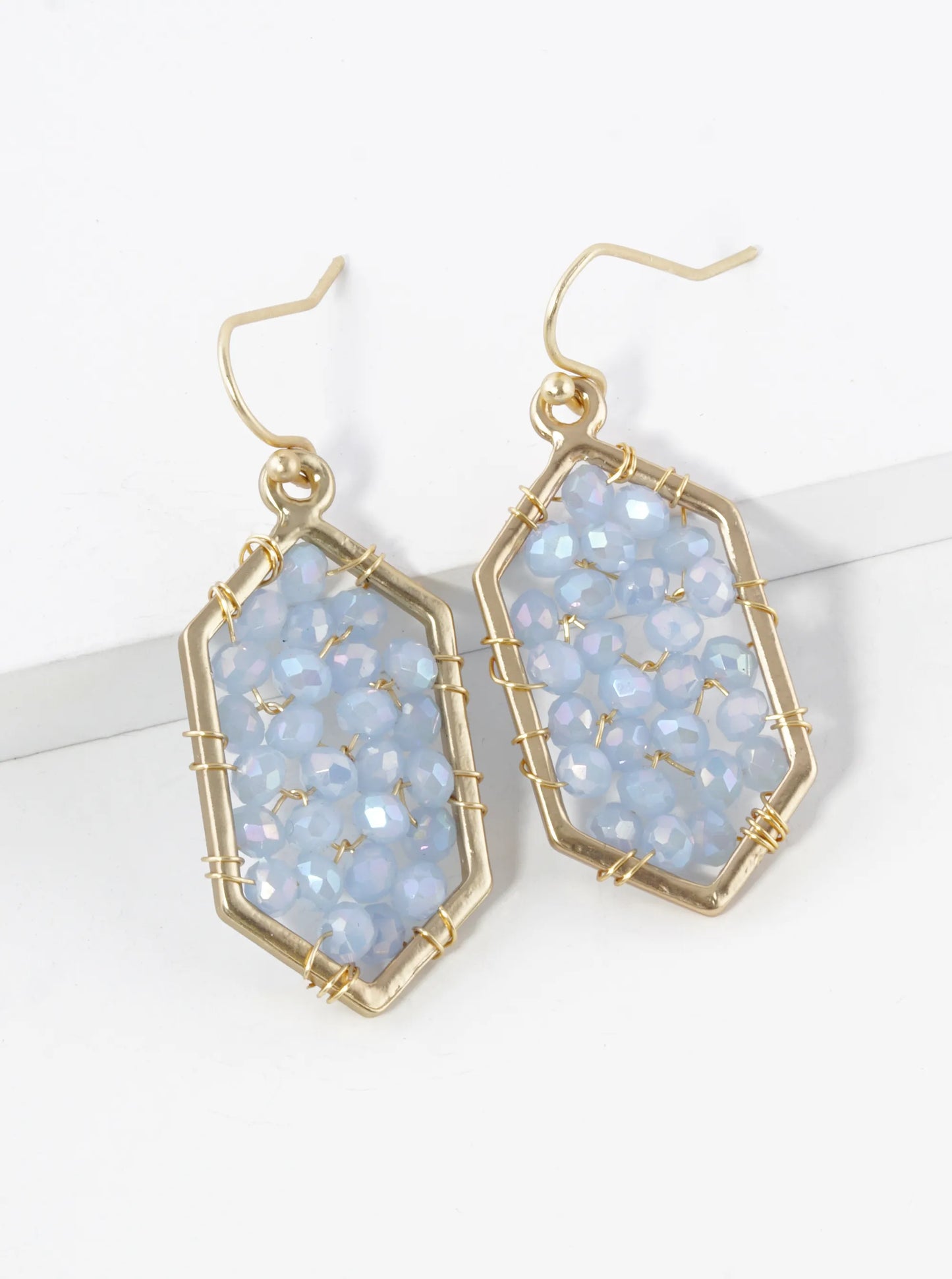 Glass Beads Wire Wrapped Hexagon Dangle Drop Earrings