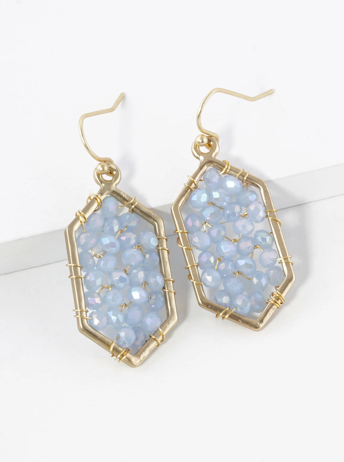 Glass Beads Wire Wrapped Hexagon Dangle Drop Earrings