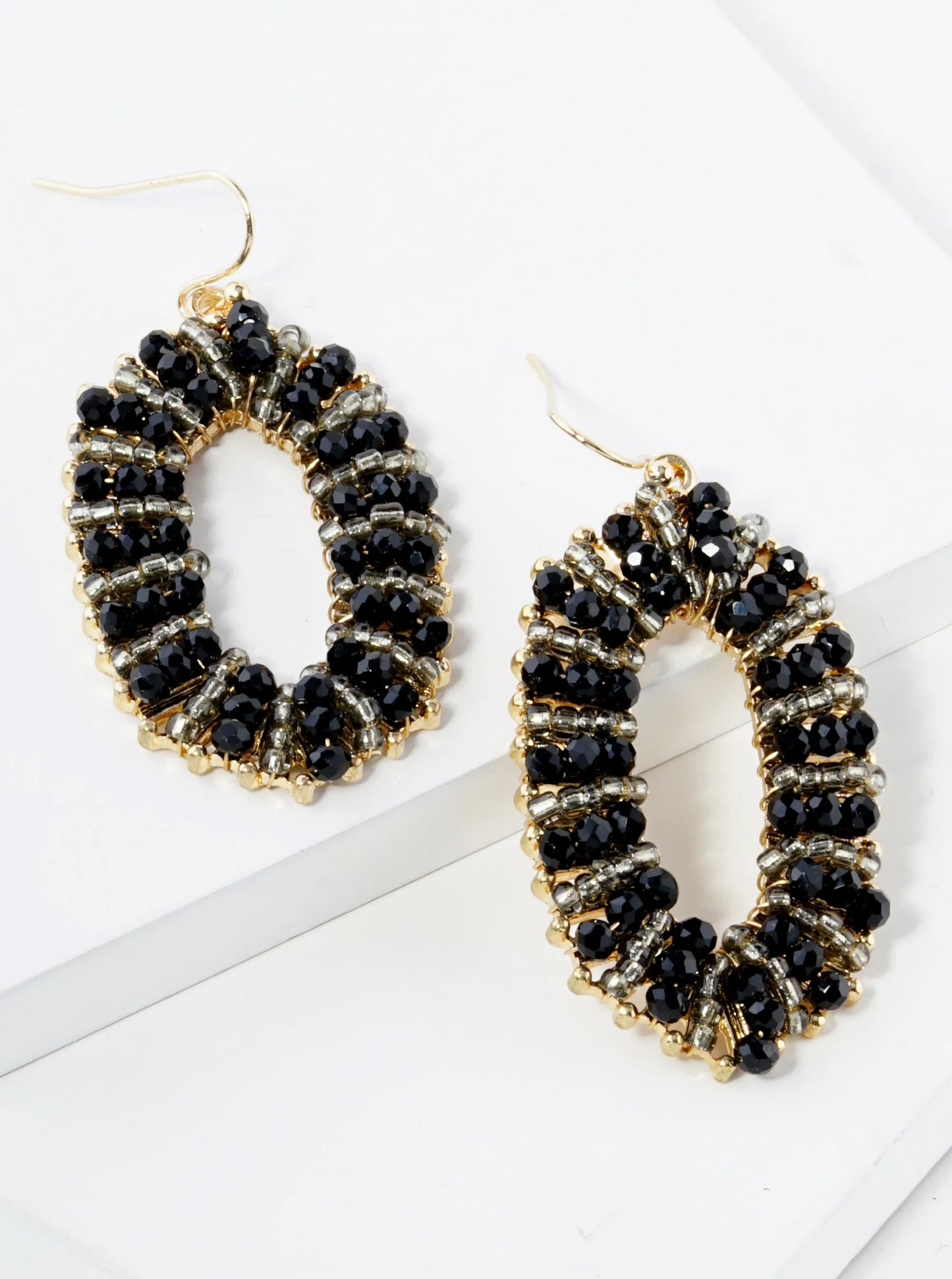 Glass Beads Wire Wrapped Long Hexagon Dangle Drop Earrings