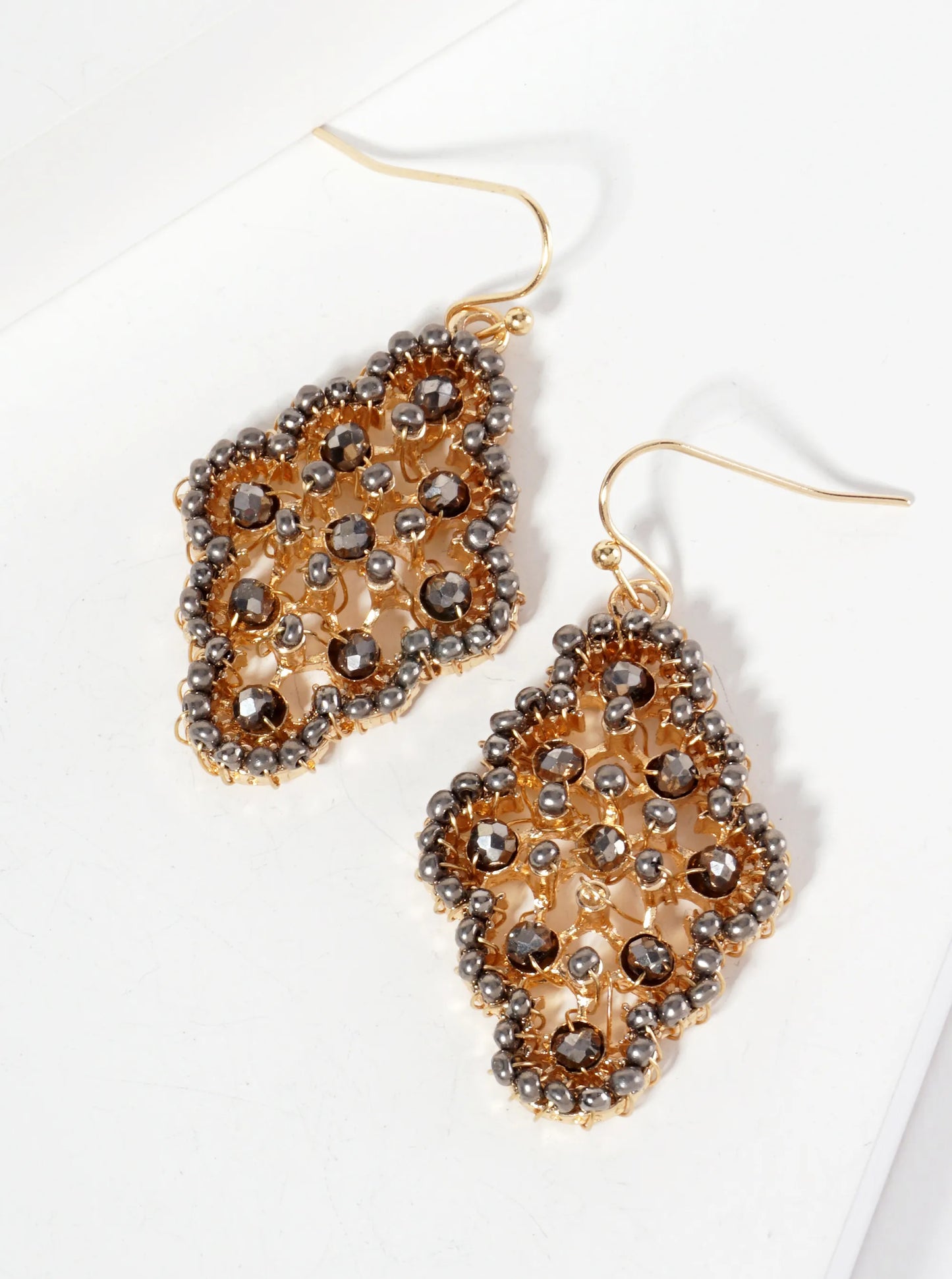 Glass-Beads Wire Wrapped Moroccan-Shaped Dangle Earrings