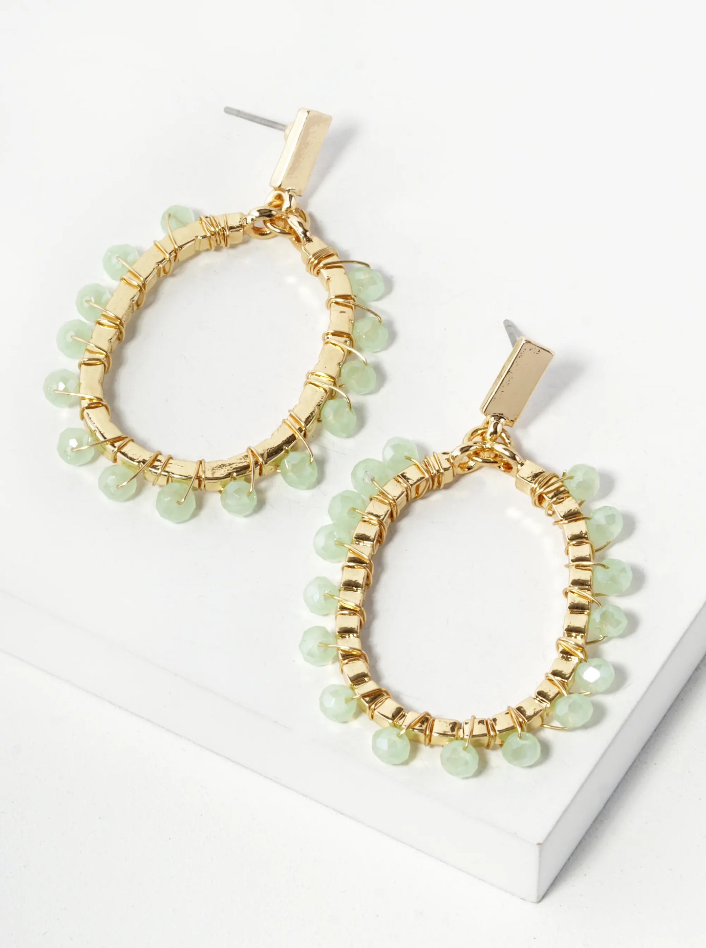 Glass Beads Wire Wrapped Oval Dangle Post Earrings