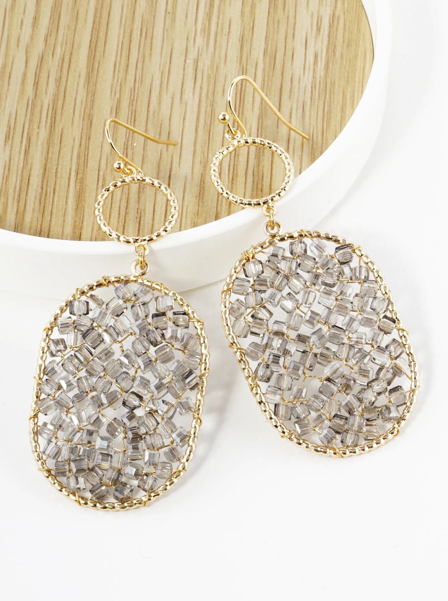 Glass Beads Wire Wrapped Oval Drop Earrings