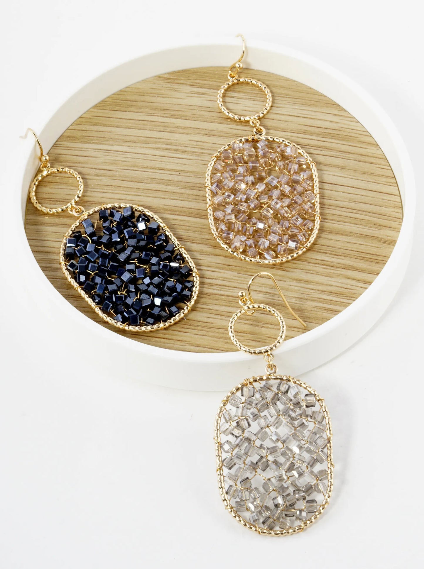 Glass Beads Wire Wrapped Oval Drop Earrings