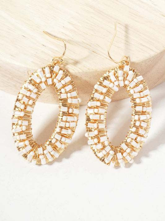 Glass-Beads Wire-Wrapped Oval-Shaped Dangle Earrings