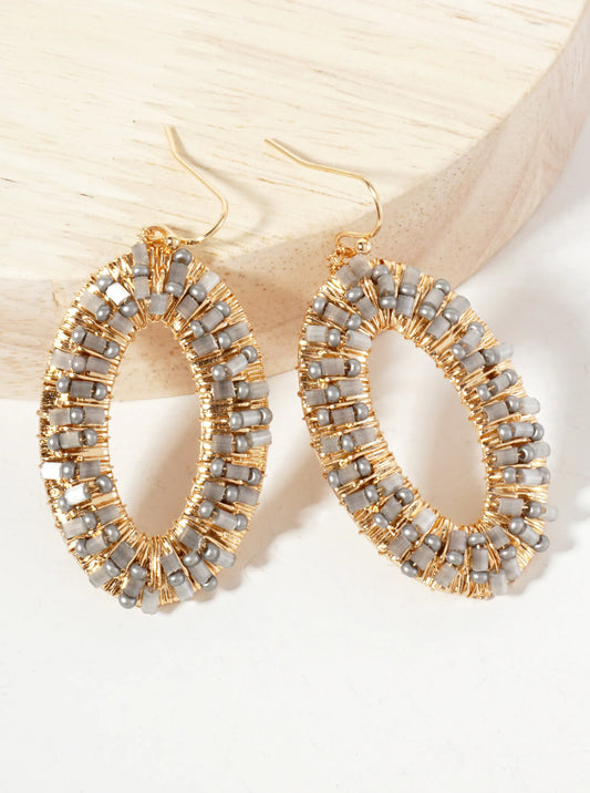 Glass-Beads Wire-Wrapped Oval-Shaped Dangle Earrings