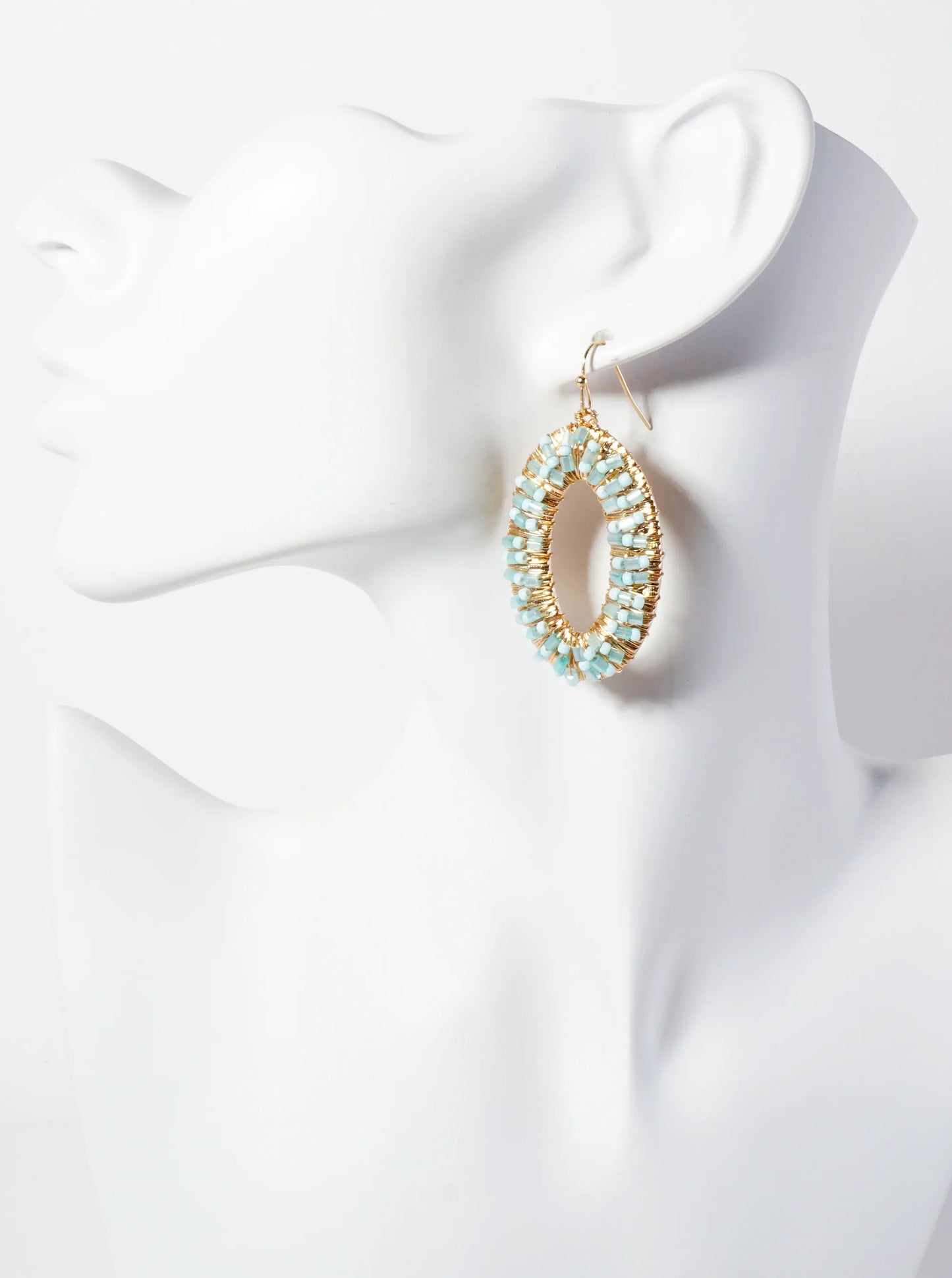 Glass-Beads Wire-Wrapped Oval-Shaped Dangle Earrings