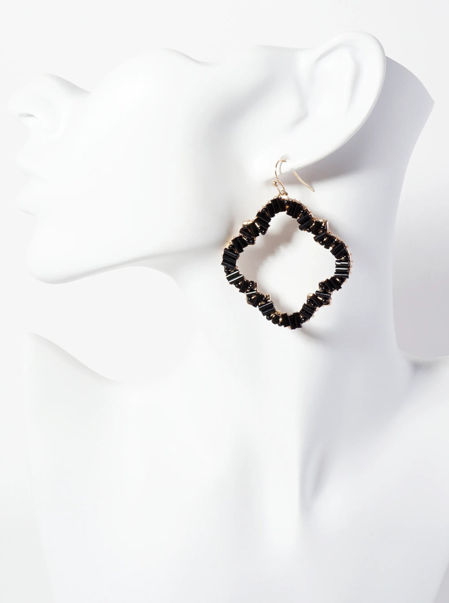 Glass-Beads Wire-Wrapped Quatrefoil Dangle Drop Earrings
