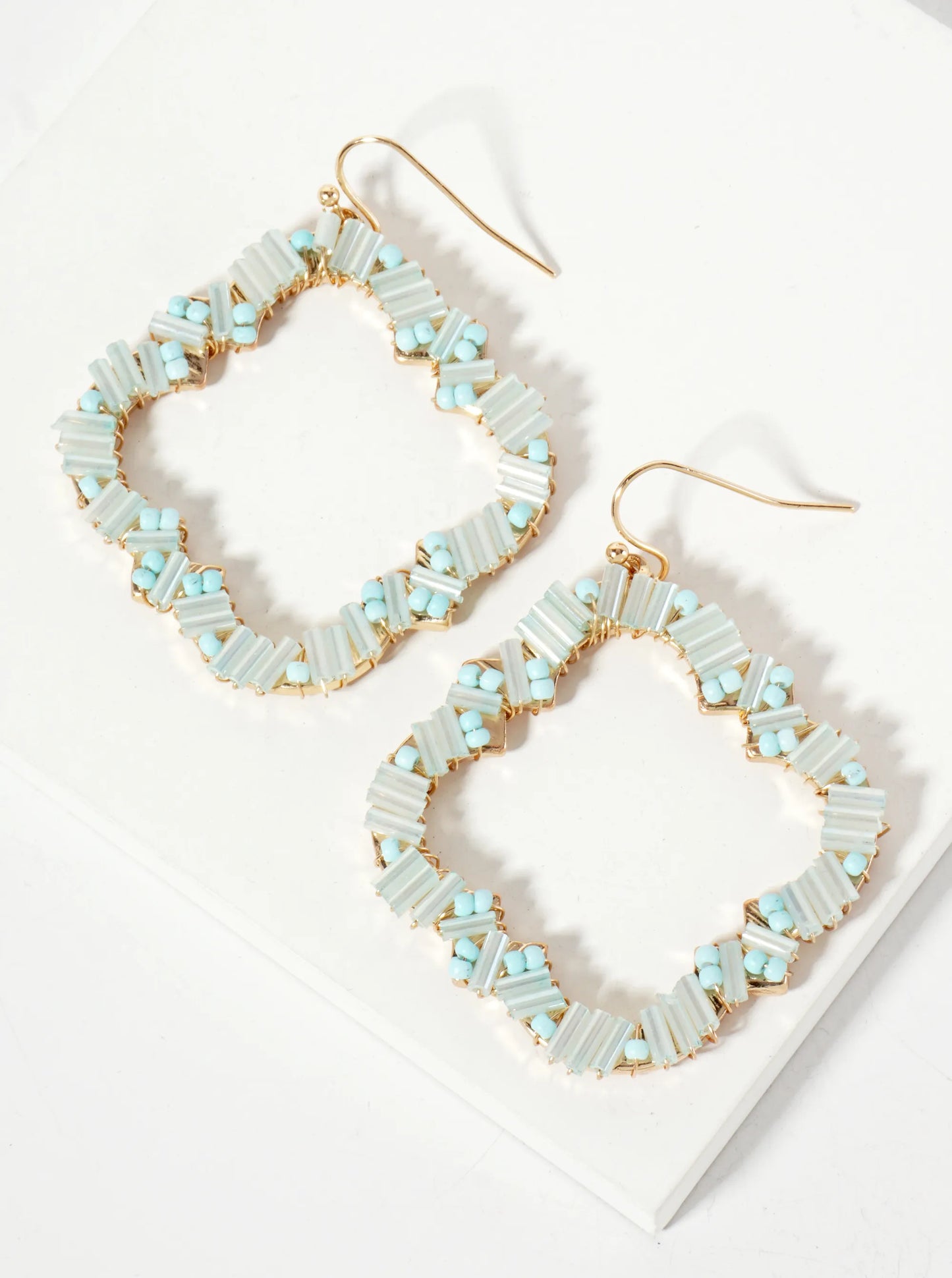 Glass-Beads Wire-Wrapped Quatrefoil Dangle Drop Earrings