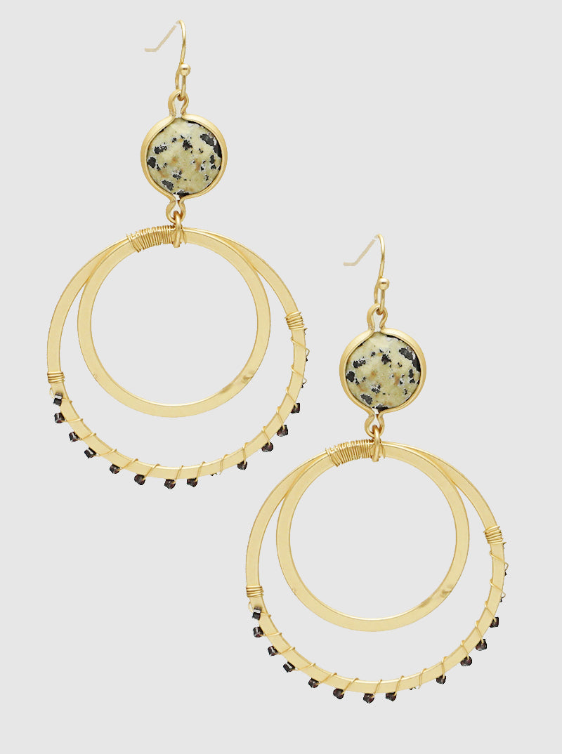 Glass Beads Wire Wrapped Semi-Precious Double Circle Drop Earrings