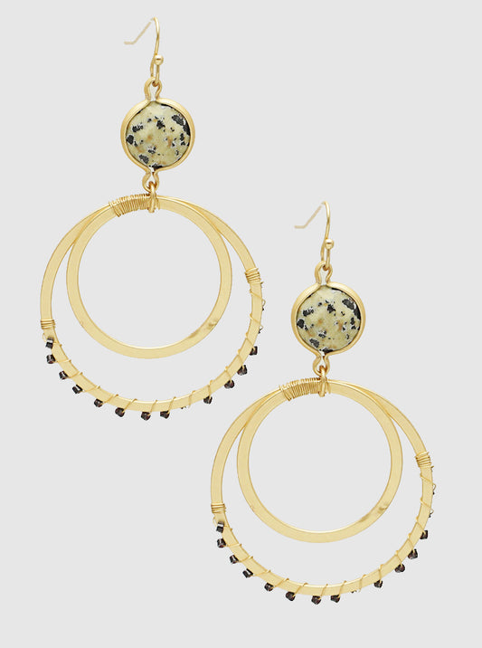 Glass Beads Wire Wrapped Semi-Precious Double Circle Drop Earrings