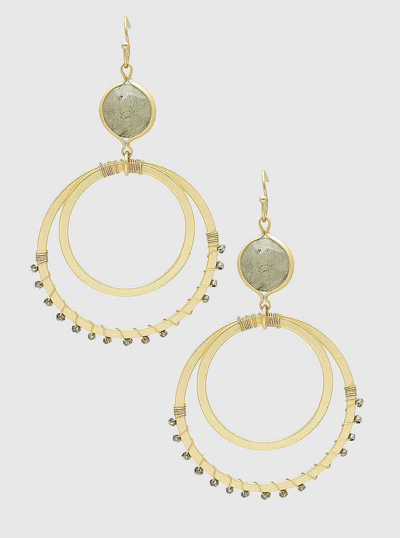 Glass Beads Wire Wrapped Semi-Precious Double Circle Drop Earrings