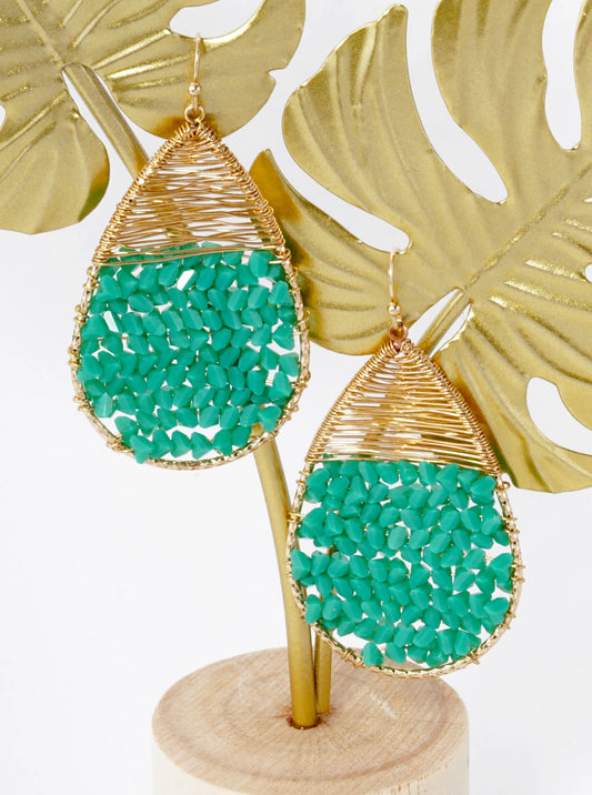 Glass Beads Wire Wrapped Teardrop Dangle Earrings