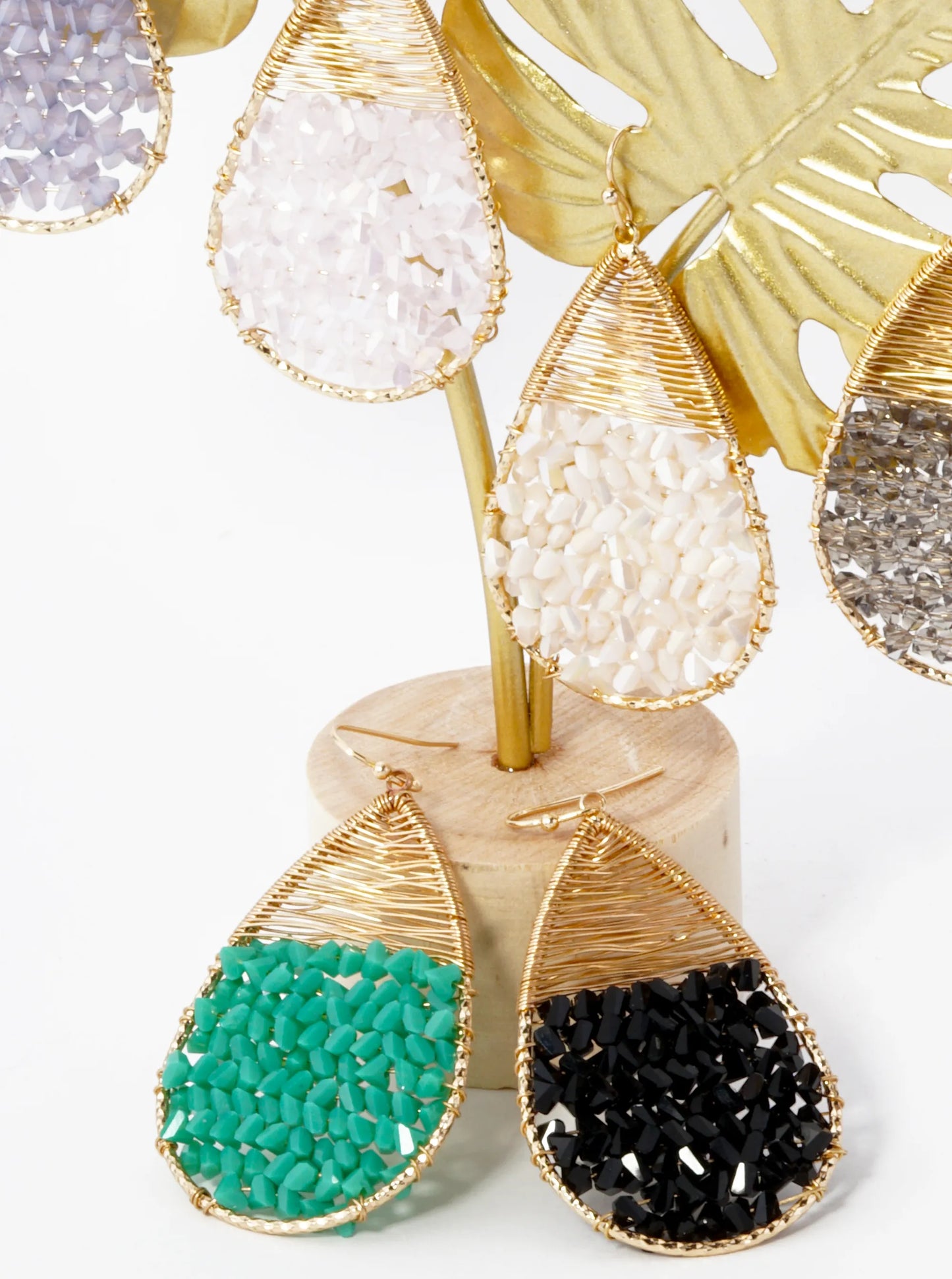 Glass Beads Wire Wrapped Teardrop Dangle Earrings