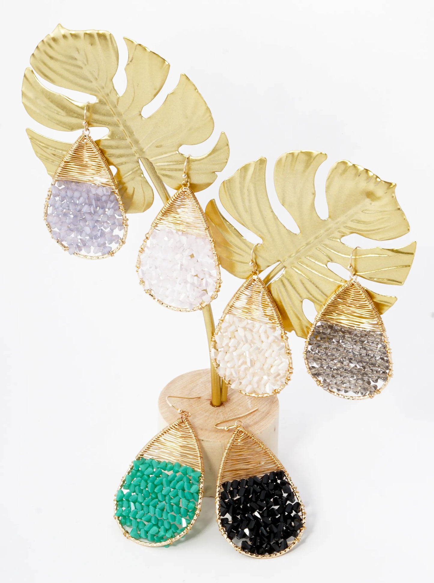 Glass Beads Wire Wrapped Teardrop Dangle Earrings