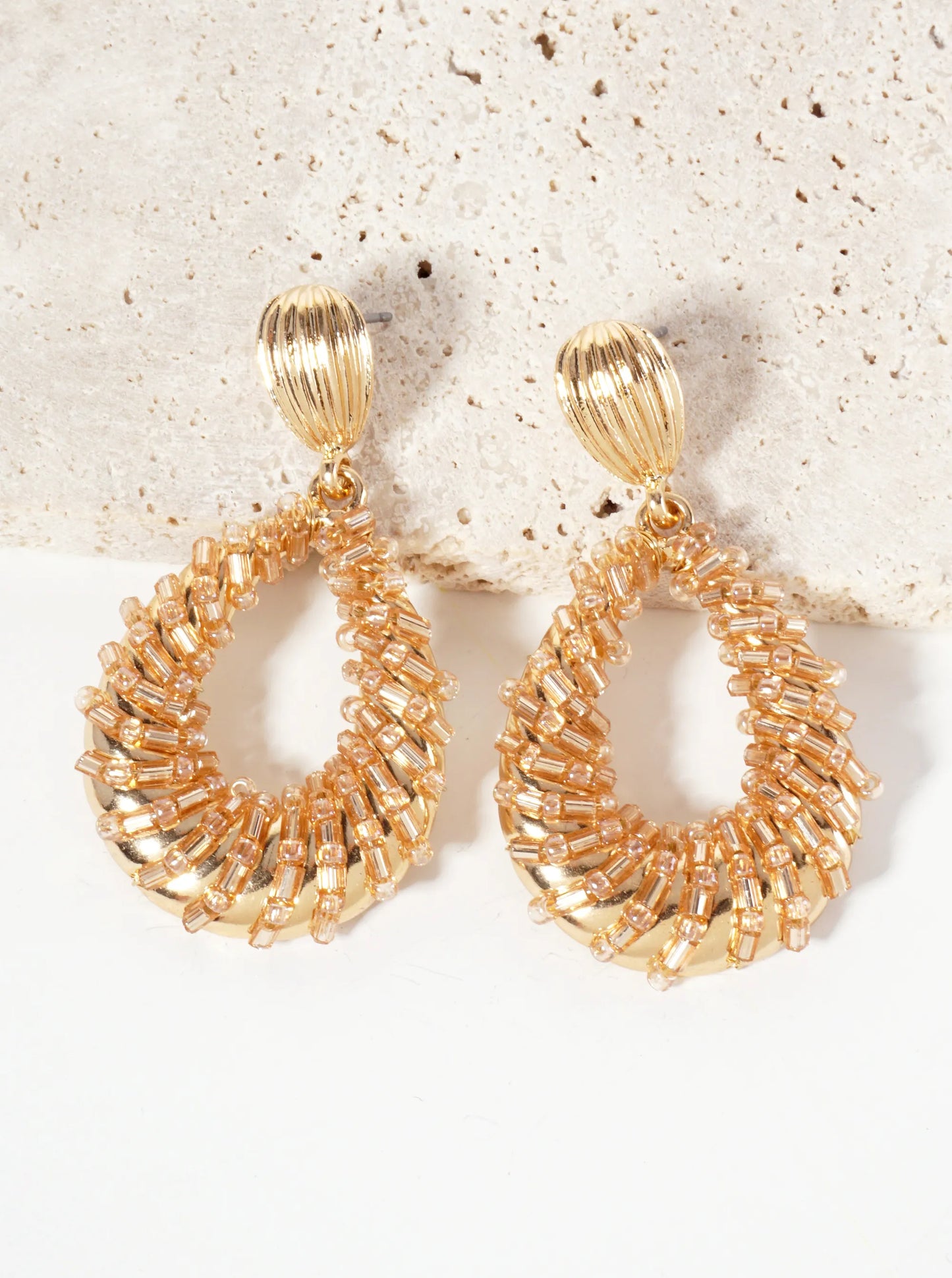 Glass-Beads Wire-Wrapped Teardrop Dangle Post Earrings