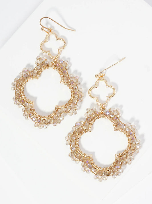 Glass Beads Wired Dual Quatrefoil Dangle Drop Earrings
