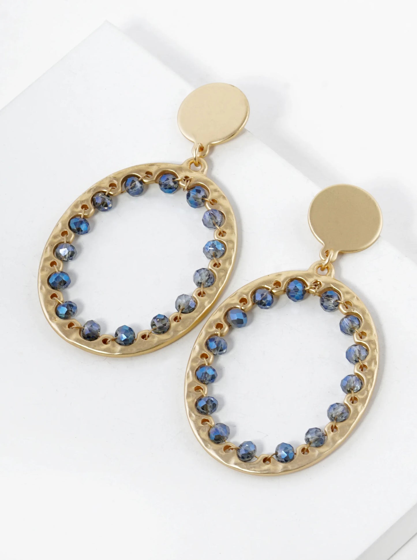 Glass Beads Wired Hammered Oval Drop Earrings