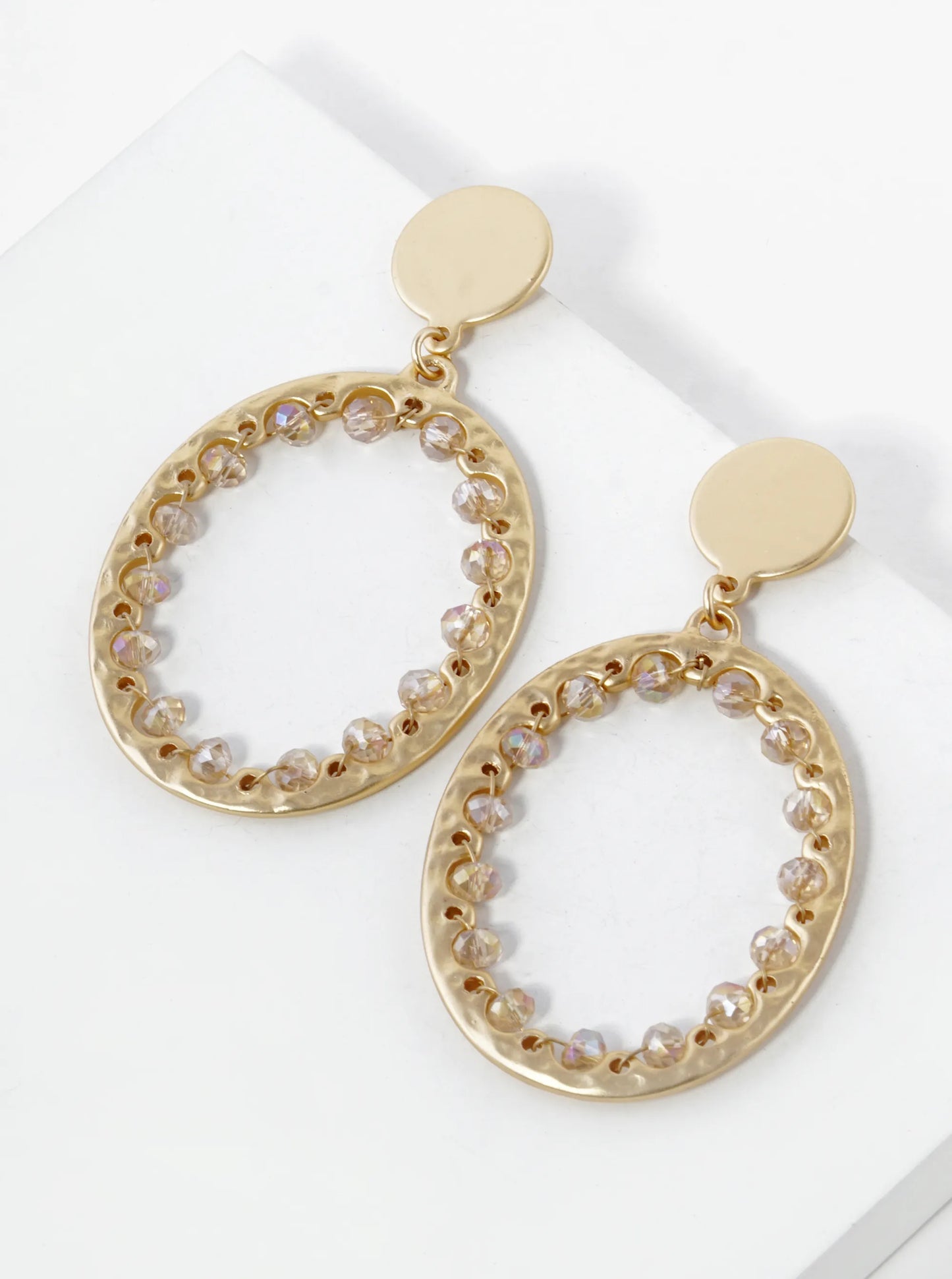Glass Beads Wired Hammered Oval Drop Earrings