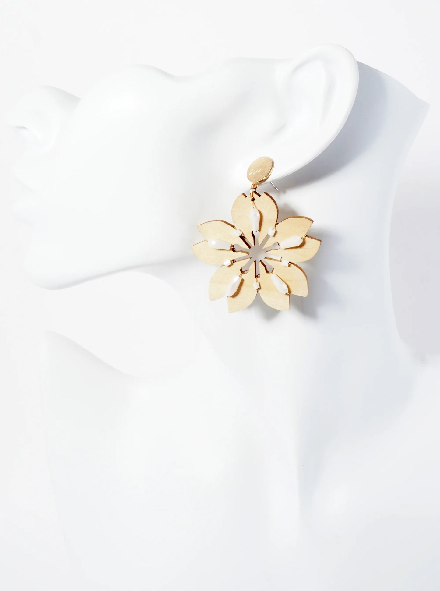 Glass Beads Wired Laser Cut Wooden Cherry Blossom Flower Dangle Drop Earrings