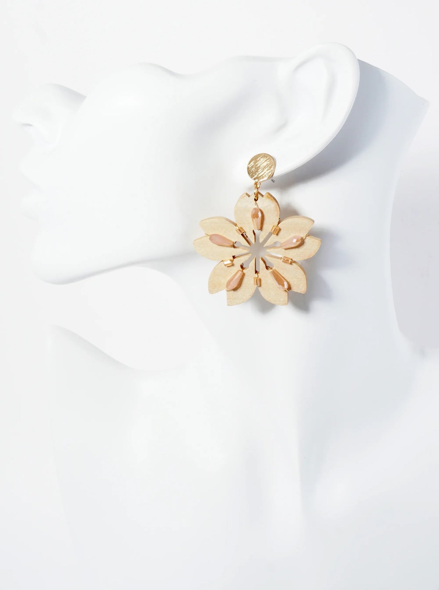 Glass Beads Wired Laser Cut Wooden Cherry Blossom Flower Dangle Drop Earrings