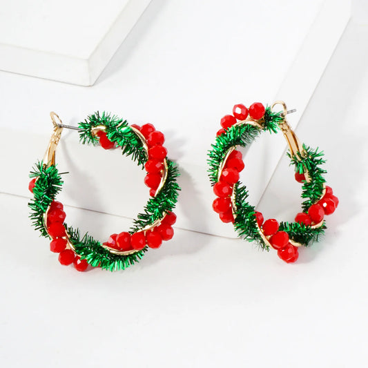 Glass Beads Wrapped 35mm Omega-Back Christmas Hoop Earrings