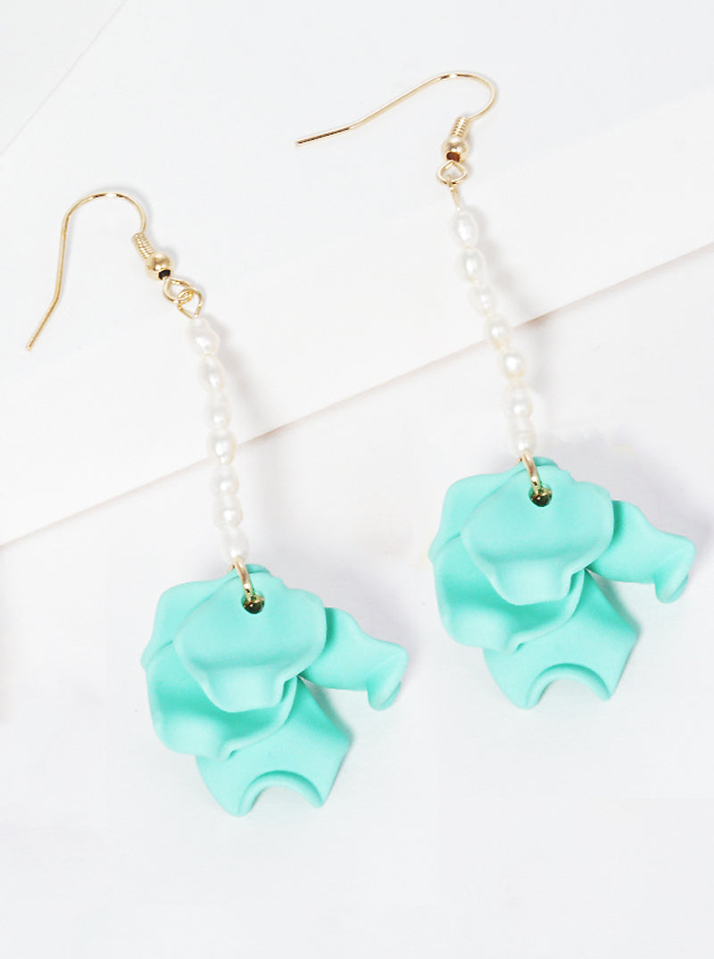 Glass Pearl Fish Hook Dangle Drop Earrings With Petals