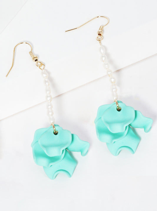 Glass Pearl Fish Hook Dangle Drop Earrings With Petals