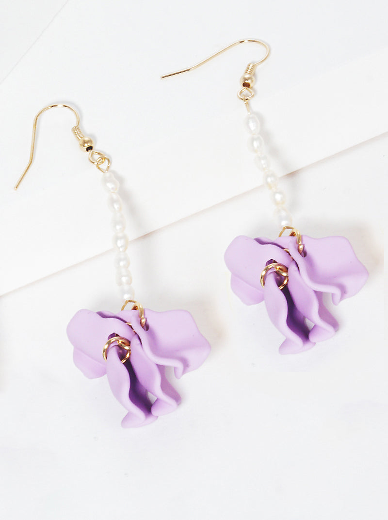 Glass Pearl Fish Hook Dangle Drop Earrings With Petals