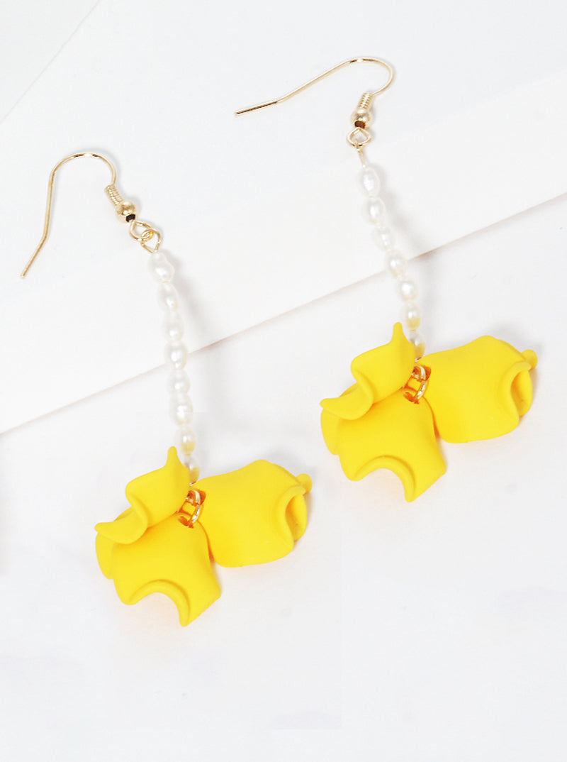 Glass Pearl Fish Hook Dangle Drop Earrings With Petals