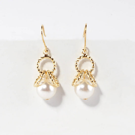 Glass Pearl And Brass Ring Cluster Drop Earrings