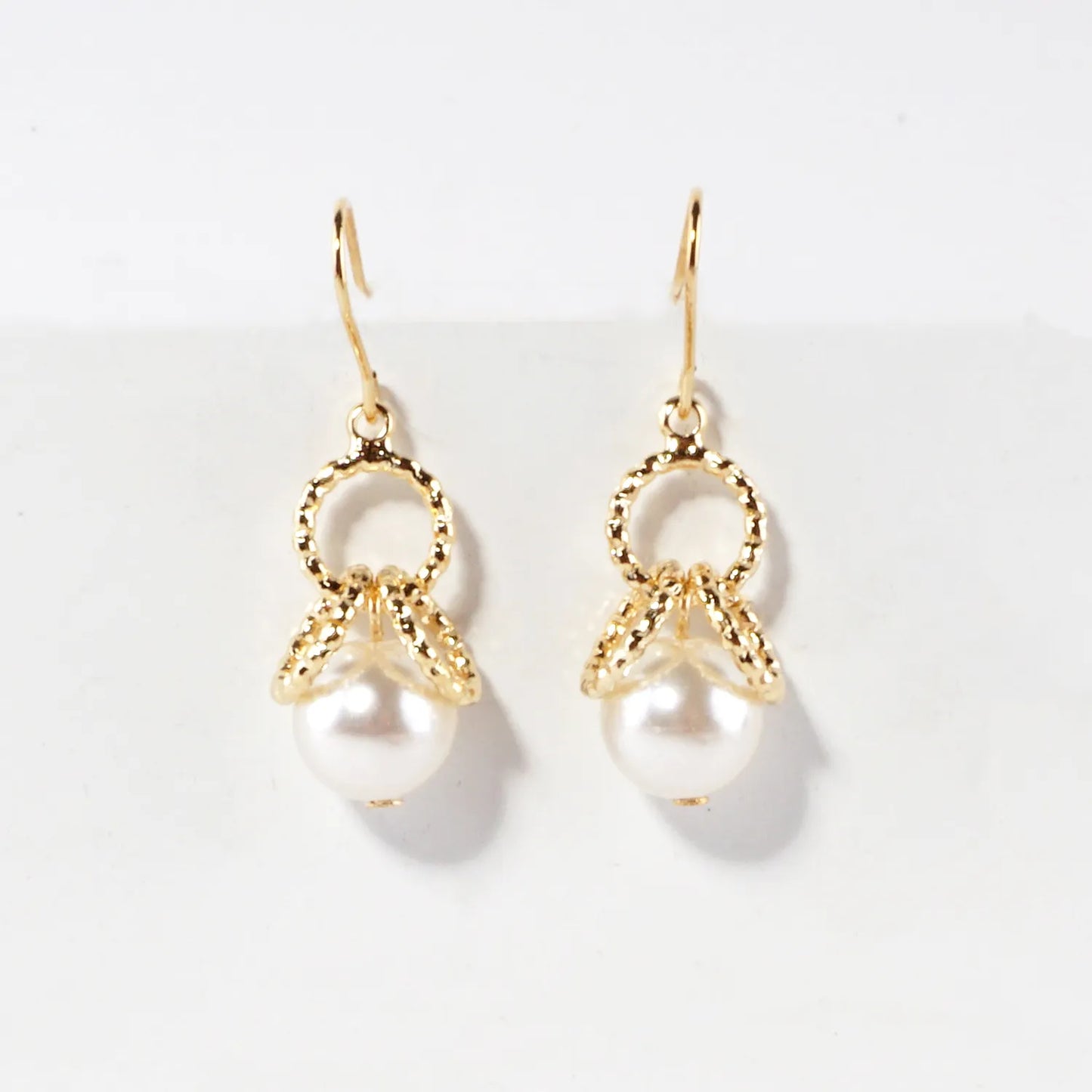 Glass Pearl And Brass Ring Cluster Drop Earrings