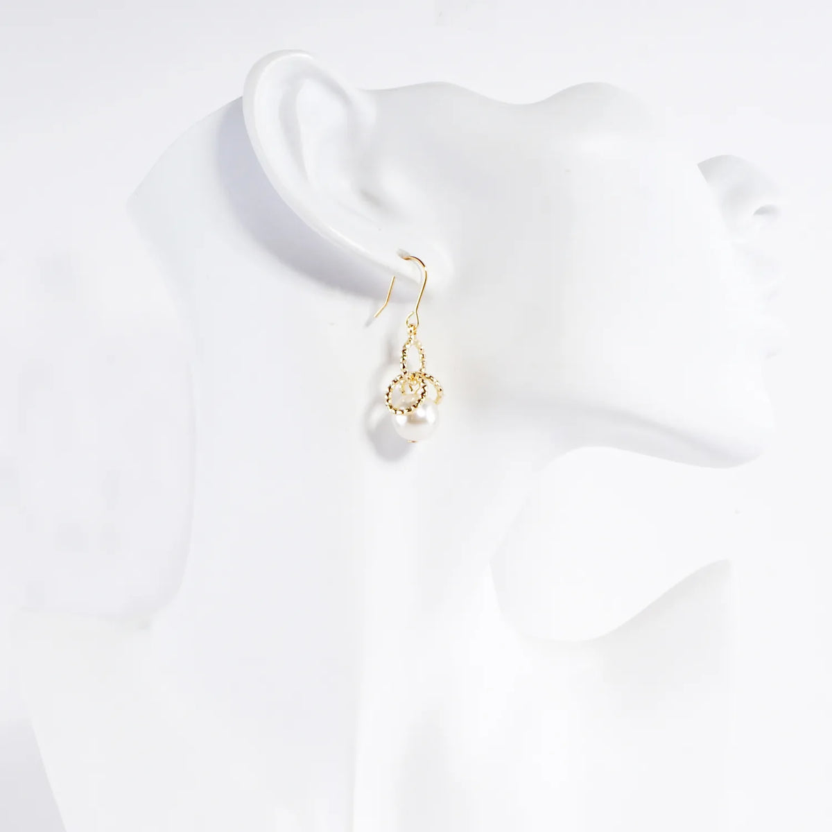 Glass Pearl And Brass Ring Cluster Drop Earrings