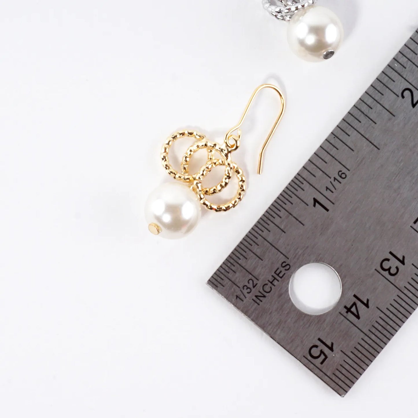 Glass Pearl And Brass Ring Cluster Drop Earrings