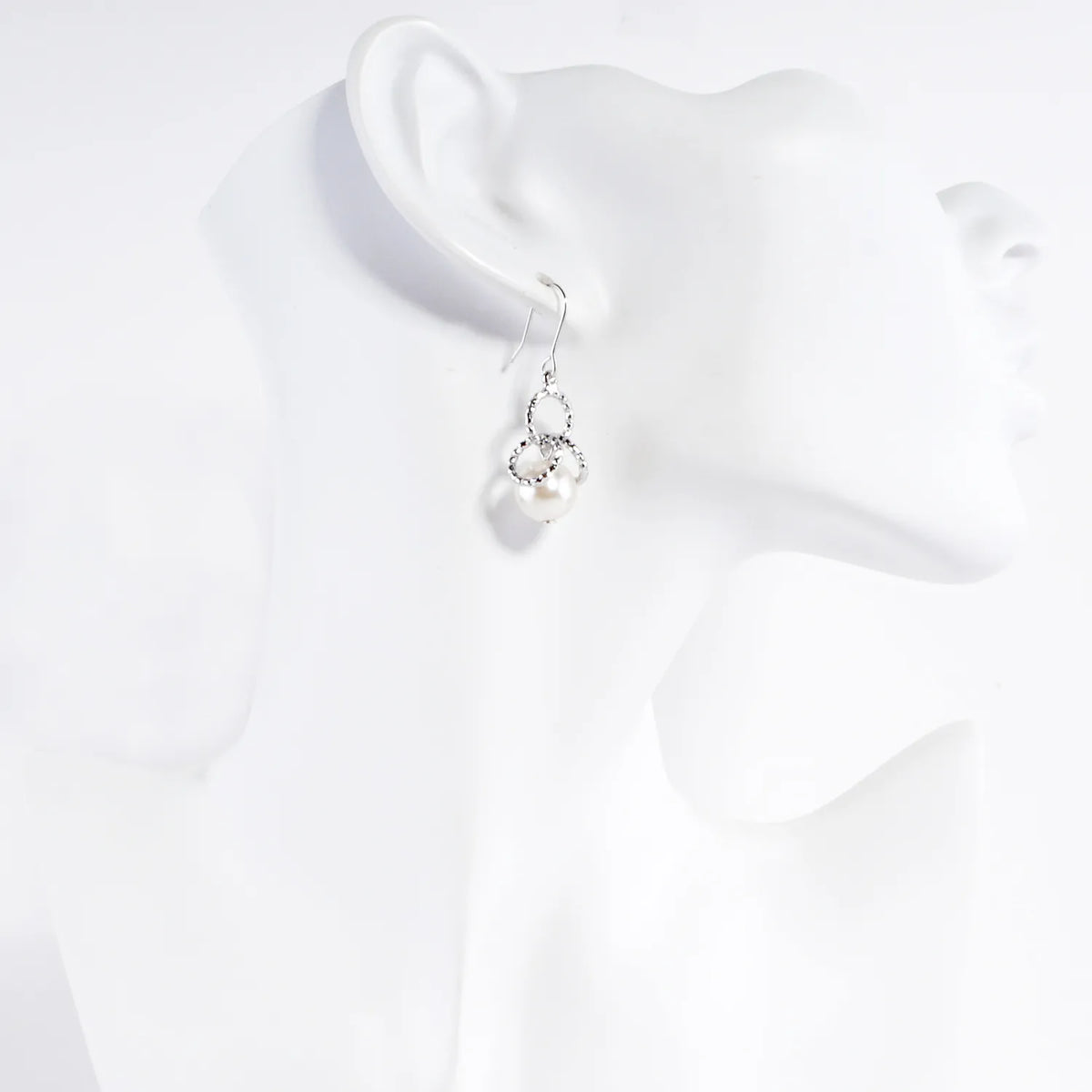 Glass Pearl And Brass Ring Cluster Drop Earrings