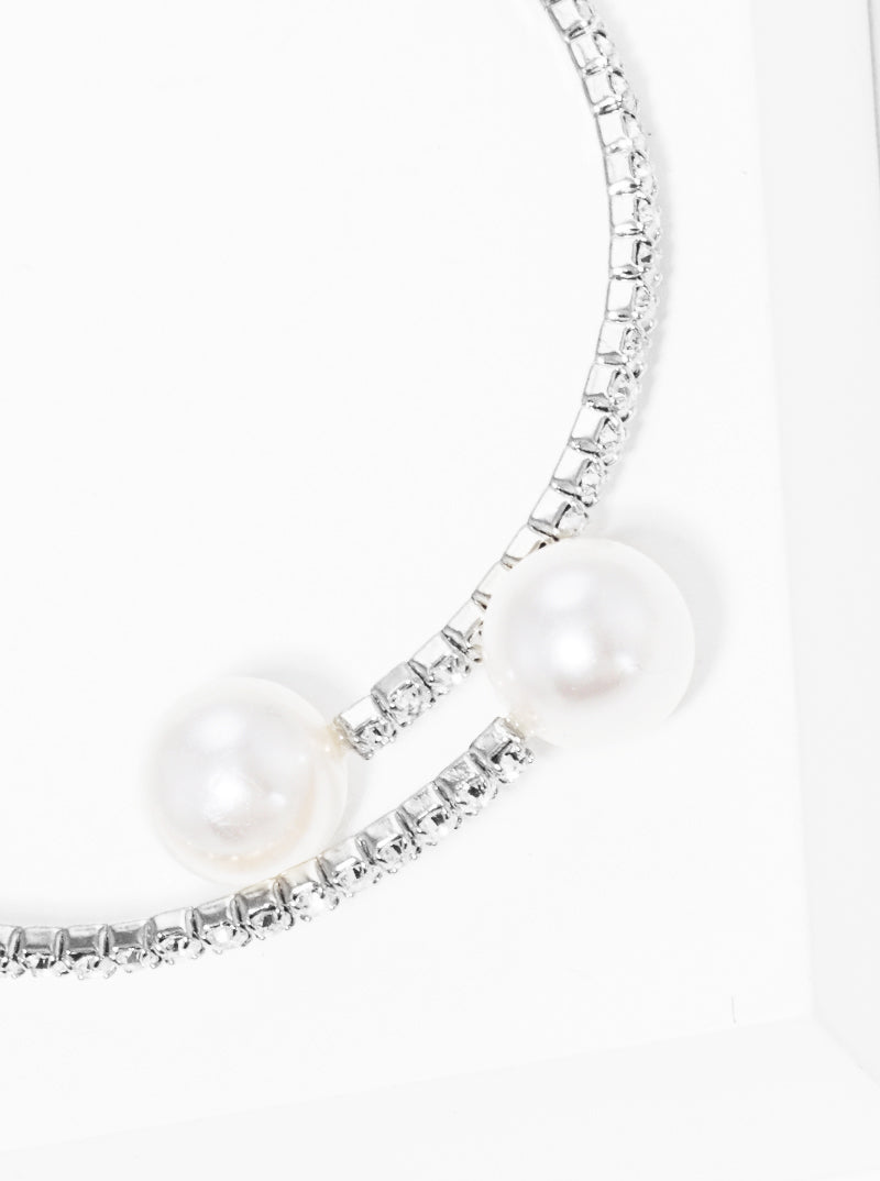 Glass Pearl With Crystal Stone Adjustable Delicate Cuff Bracelet