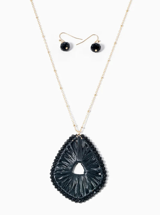 Glass Bead And Raffia Wrapped Pendant Long Necklace Set With Earrings