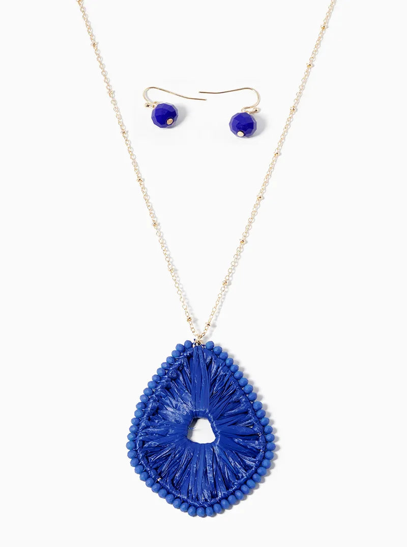 Glass Bead And Raffia Wrapped Pendant Long Necklace Set With Earrings
