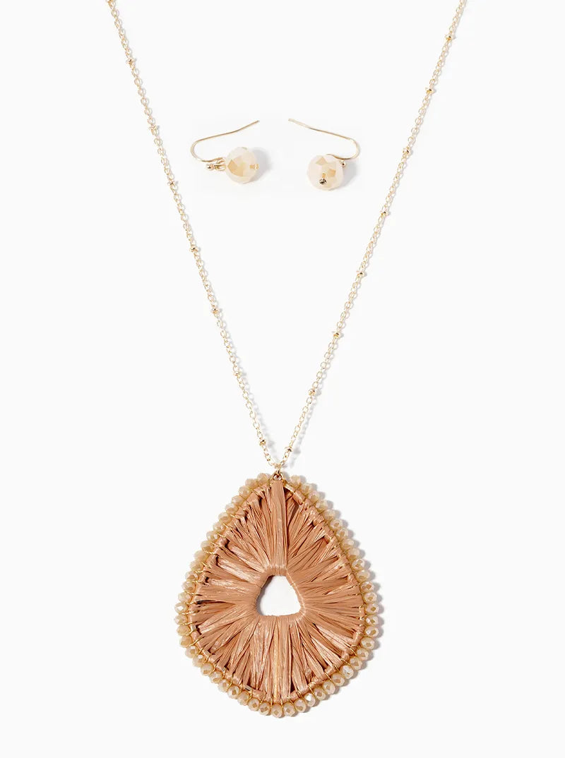 Glass Bead And Raffia Wrapped Pendant Long Necklace Set With Earrings