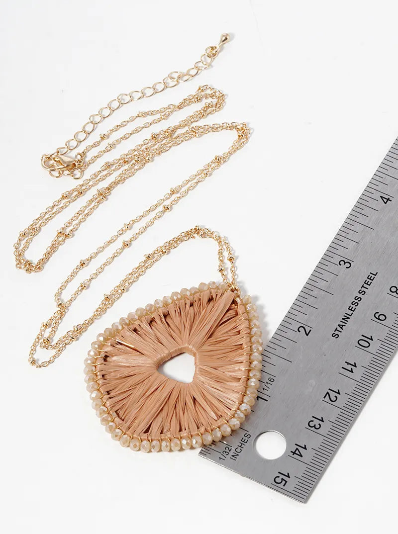 Glass Bead And Raffia Wrapped Pendant Long Necklace Set With Earrings