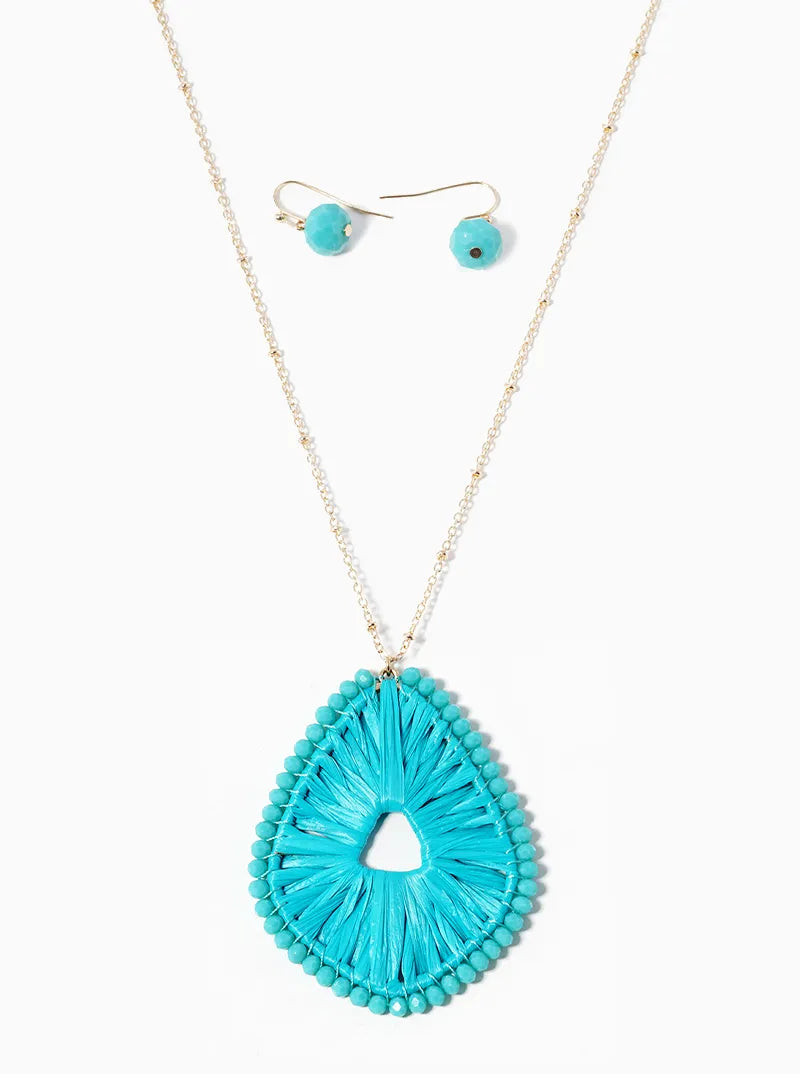 Glass Bead And Raffia Wrapped Pendant Long Necklace Set With Earrings