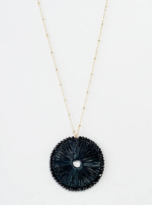 Glass Bead Wrapped Round Raffia Pendant Long Necklace