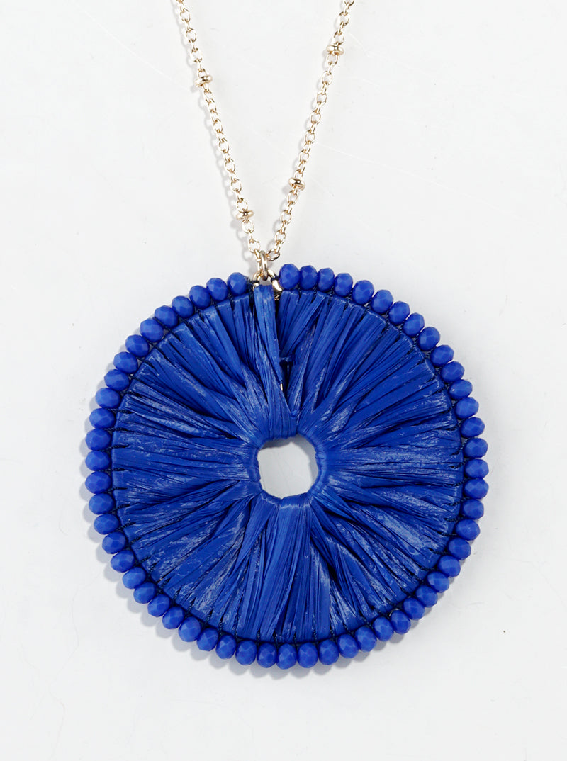 Glass Bead Wrapped Round Raffia Pendant Long Necklace