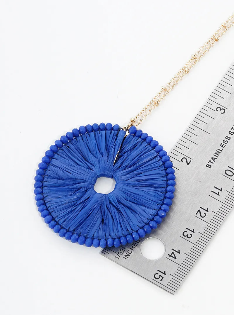 Glass Bead Wrapped Round Raffia Pendant Long Necklace