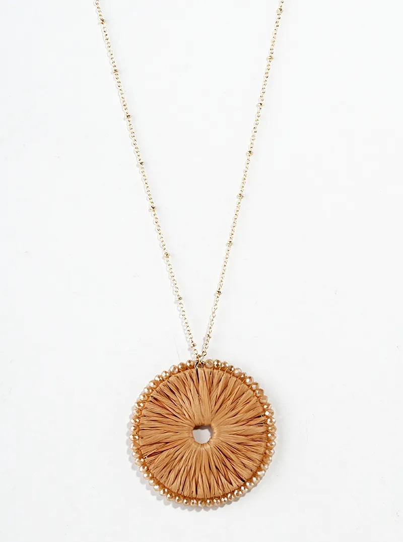 Glass Bead Wrapped Round Raffia Pendant Long Necklace