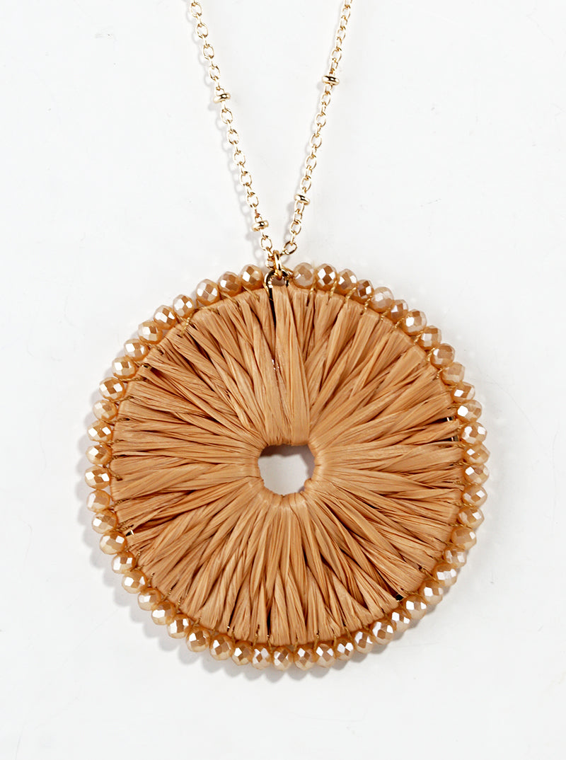 Glass Bead Wrapped Round Raffia Pendant Long Necklace